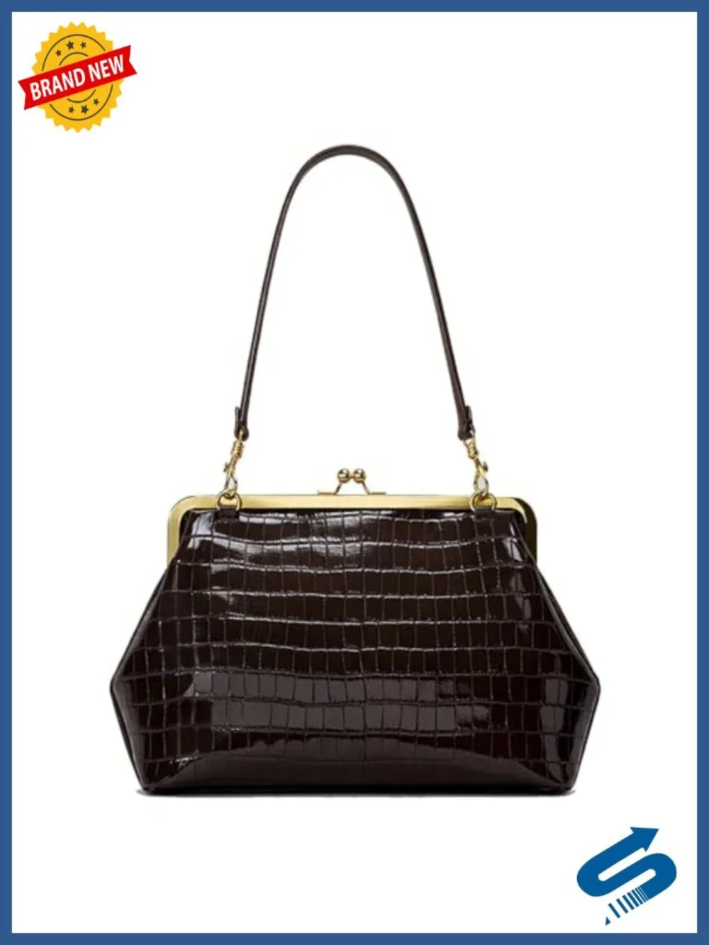 Vintage Crocodile Embossed Faux Leather Kiss Lock Tote Handbag Shoulder Bag